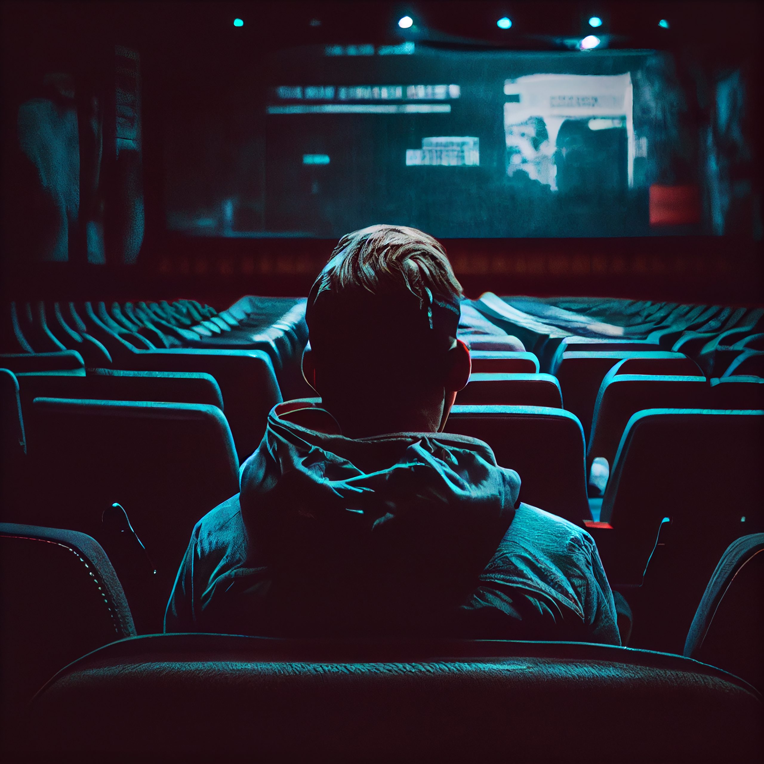 man watching movie in theater seats spectacle ,generative AI